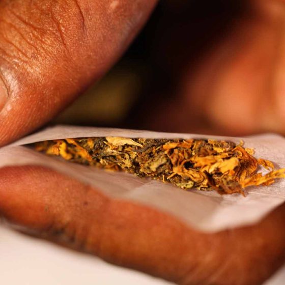 man rolling cannabis and tobacco joint close up
